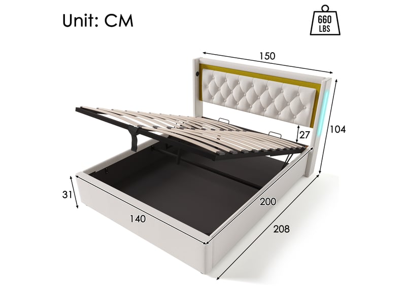  Lit coffre coton 140x200 cm avec led, usb-c, tête lumineuse et rangement pratique  - Conforama C