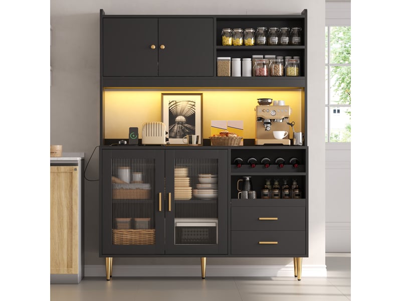  Buffet haut 130x40x172cm avec éclairage led, prises, casiers à bouteilles et étagères coulissantes, vitrine, noir evarich - Conforama E