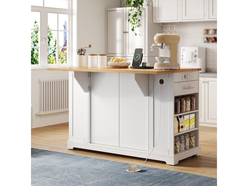  Îlot de cuisine moderne 138 cm avec plan de travail rabattable, blanc et aspect bois, roulettes silencieuses et prises  - Conforama R