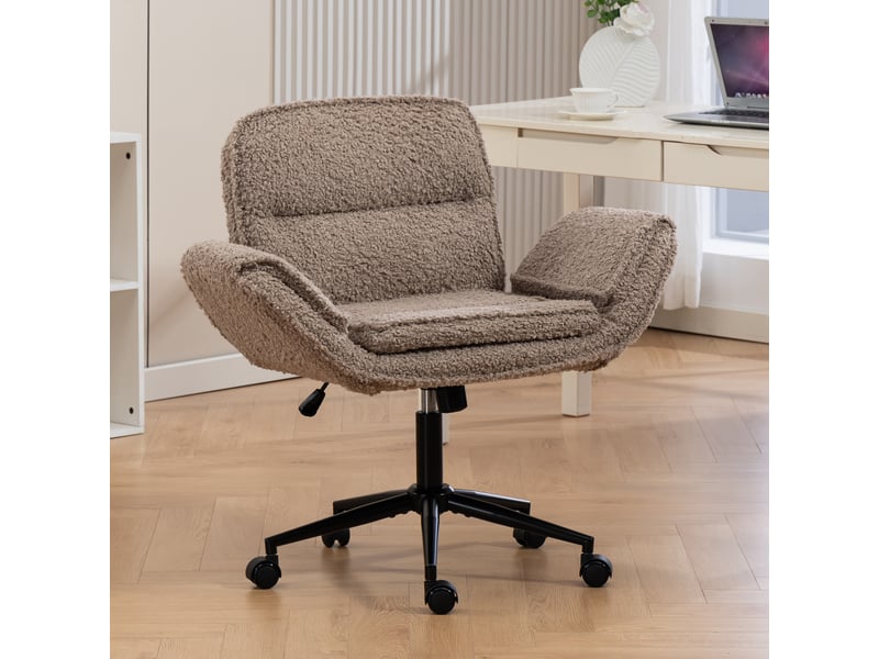 Chaise de bureau pivotante réglable en hauteur avec accoudoirs rabattables, revêtement en teddy marron  - Conforama B