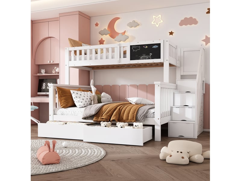  Lit superposé enfant 90x200 et 140x200 cm, escalier, tableau, tiroirs, bois et mdf, blanc, sans matelas  - Conforama D