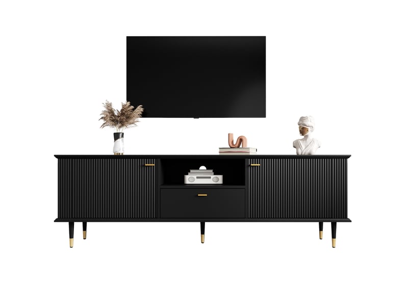  Meuble tv noir 170 cm mdf laqué avec tiroirs et portes pieds métal doré  - Conforama A