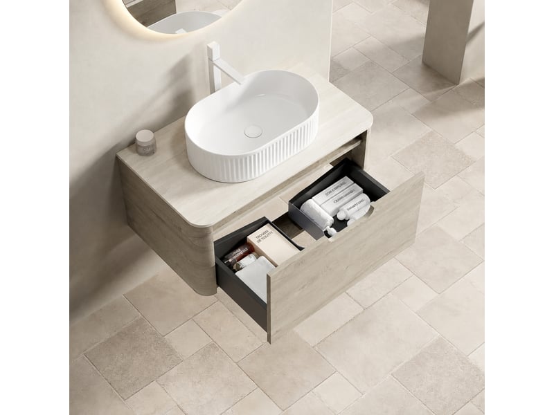  Meuble vasque suspendu 80 cm avec vasque ovale blanche en céramique et plan effet travertin  - Conforama B