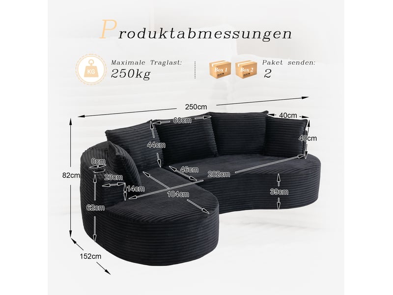  Canapé 3 places ulevr courbe noir en velours côtelé 250 x 152 x 82 cm avec porte-gobelets et poches latérales  - Conforama C
