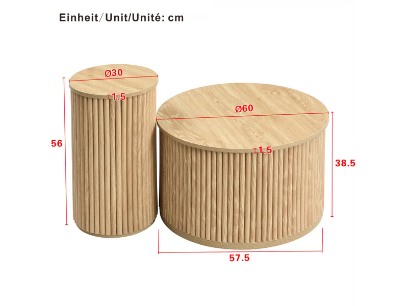  Lot de 2 tables basses rondes en mdf, grand et petit modèles, coloris naturel  - Conforama E