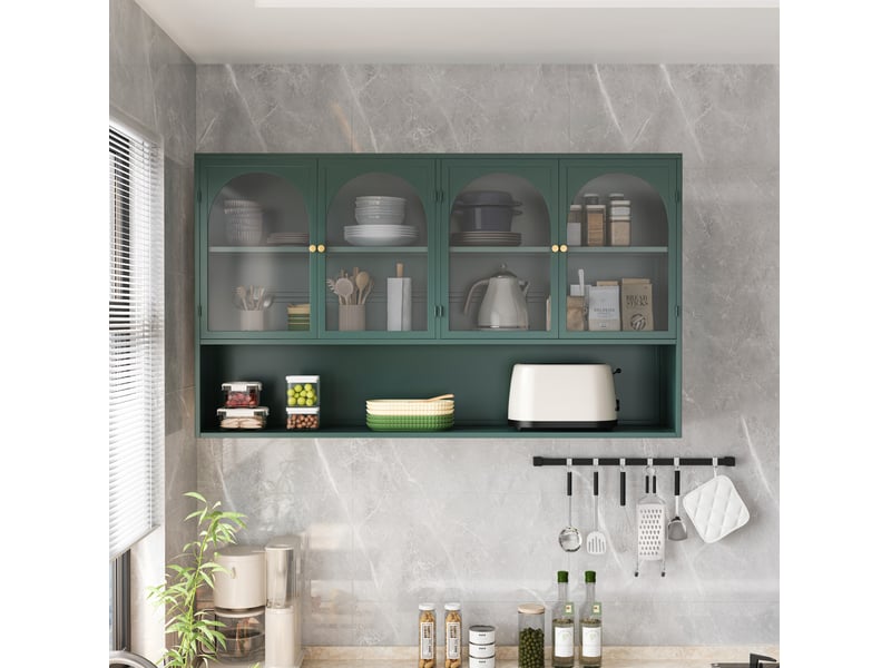  Armoire murale avec 4 portes vitrées pour cuisine et salon, rangement vertical en métal vert foncé, 120 × 23 × 70 cm  - Conforama D