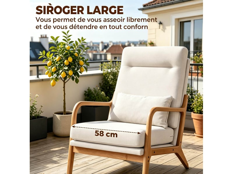 Fauteuil de salon à dossier haut, assise large et coussin lombaire en tissu effet lin crème, 64 × 86 × 93 cm - Conforama E