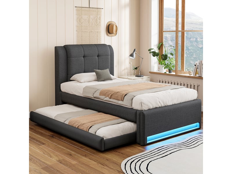 Lit rembourré 90x200 cm avec lit gigogne, éclairage led et sommier à lattes, lin gris - Conforama D