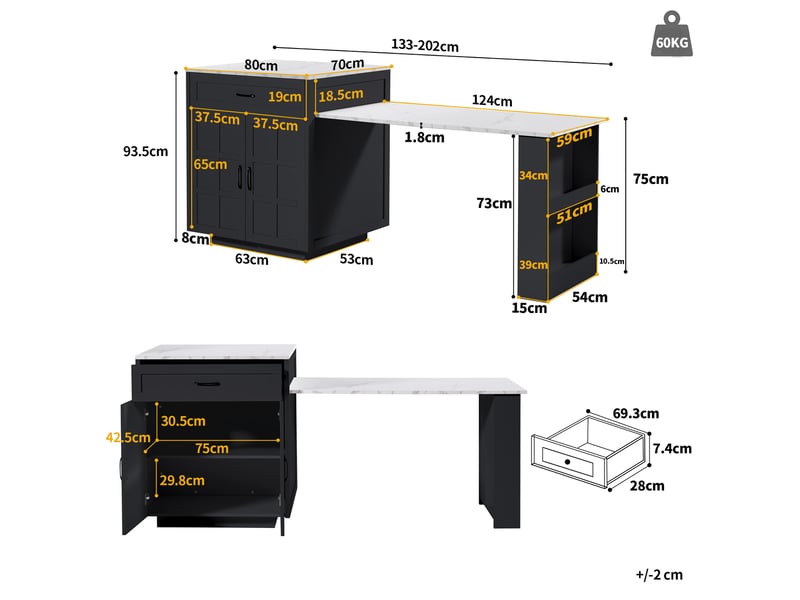  Table de bar extensible 133-202 x 70 x 93.5 cm avec 2 tiroirs, 2 portes et 2 étagères pour 2 à 6 personnes - noir  - Conforama C