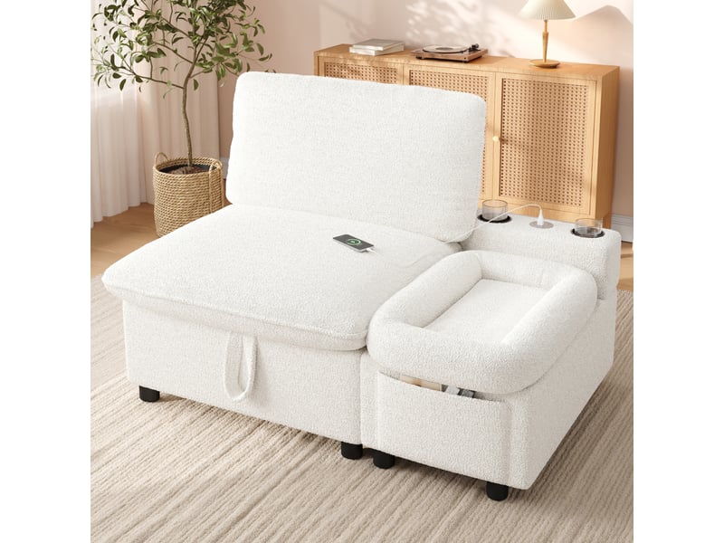  Canapé 1 place pour humain et animal, lit pour chatpetit chien intégré, coffre de rangement, usbtype-c, 2 porte-gobelets, bouclé, beige Morn Vibe - Conforama B