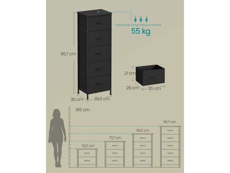  Commode de rangement design moderne 30 x 39,6 x 116,7 cm 9 tiroirs pratique style rustique en mdf noir 12_0012523  - Conforama B