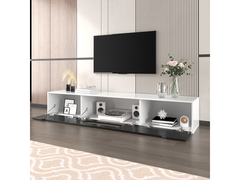  Meuble tv led mural avec portes rainurées pour salon 180×30×35 cm en panneaux de particules noir et blanc  - Conforama C