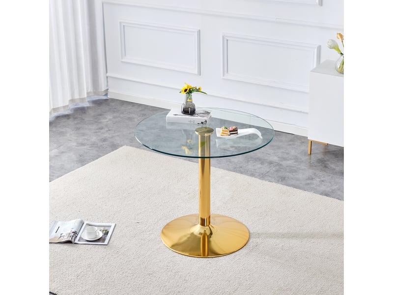  Table de salle à manger ronde en verre et métal, diamètre 85 cm, hauteur 76 cm, transparente et dorée  - Conforama B