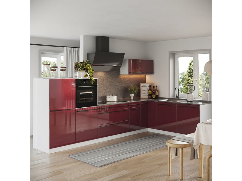  Vicco cuisine en angle, rouge brillantblanc, 347 x cm plan de travail marbre  - Conforama C