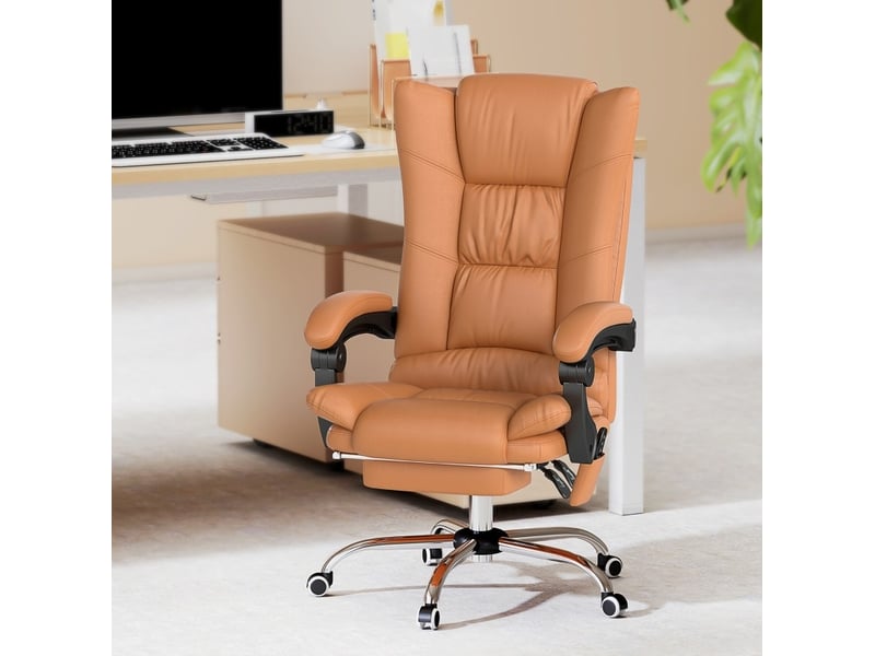 Fauteuil de bureau massant chauffant inclinable 135° en cuir régénéré marron clair avec repose-pieds intégré - Conforama B