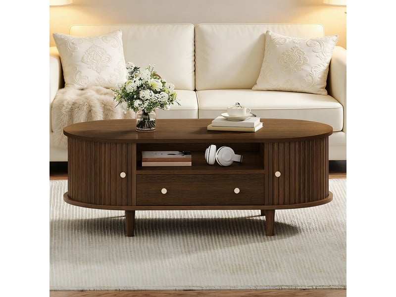  100 x 50 x 36 cmtable basse avec un tiroir et des espaces de rangement ouverts, équipée d'un volet roulant, 4 pieds, couleur noyer  - Conforama B