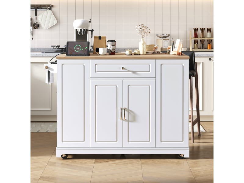 Îlot de cuisine mobile - blanc+naturel - mdf - 131.8x40-70x93.3 cm - plateau extensible 120x40-70 cm 131.8x40x93.3cm - Conforama B