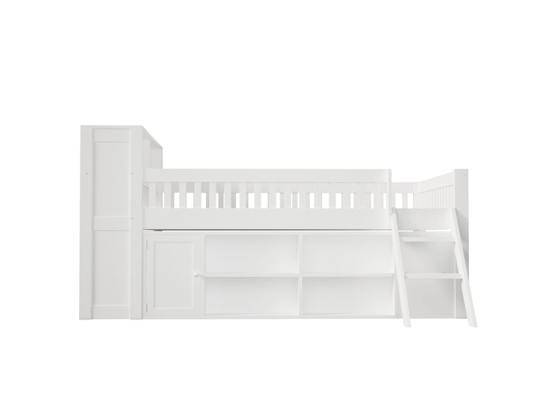  Lit mezzanine 140×200 cm avec led, étagères, placard et échelle en bois blanc  - Conforama D