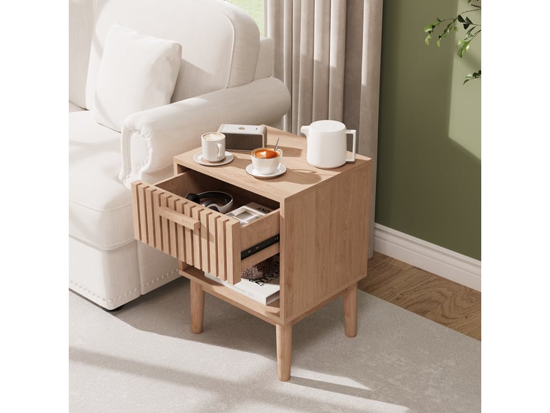 Lot de 2 tables de chevet en bois effet chêne - 40x35x55 cm - design à lattes avec 1 tiroir et 1 niche ouverte - Conforama C