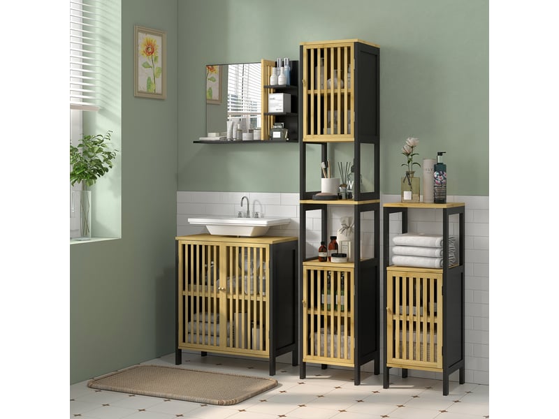  Meuble sous lavabo 2 portes en mdf et bambou, étagère réglable, 60 x 30 x 70 cm  - Conforama C