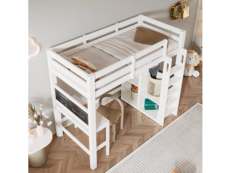  Lit mezzanine, 90x200 cm, avec bureau, armoire ouverte, solutions de rangement, matelas non inclus, bois, coloris blanc  - Conforama D