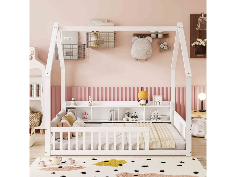  Lit au sol enfant 140x200 cm en bois en forme de maison avec 4 niches, barrières de sécurité et ouverture d'accès - blanc  - Conforama D