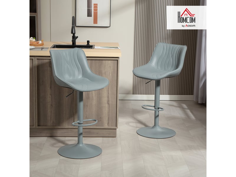  Ensemble de 2 tabourets de bar gris, avec hauteur réglable, dossier, assise en similicuir, structure en acier et repose-pieds.  - Conforama D