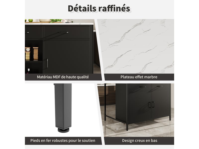  Table haute 100x90x90 cm, plateau motif marbre en mdf, 2 tiroirs et étagères réglables, pieds métal, noir  - Conforama E