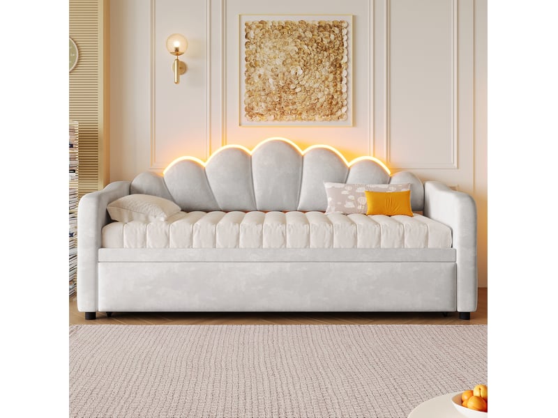  Lit gigogne multifonctionnel 90x200 cm led, lit enfant, lit simple avec tête de lit, mdf, velours gris sans matelas  - Conforama R