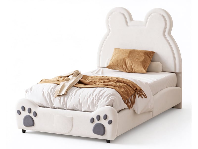  Lit simple rembourré pour enfant 90x200 cm en forme d'ours, revêtement doux, poches latérales, velours, blanc Morn Vibe - Conforama A