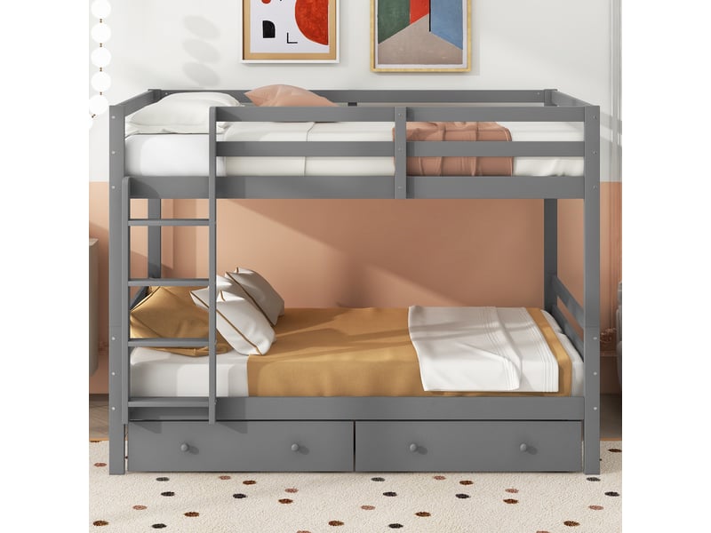 Lit superposé 140 x 200 cm avec tiroirs de rangement, en pin et mdf gris, pour chambre enfant, sans matelas - Conforama B