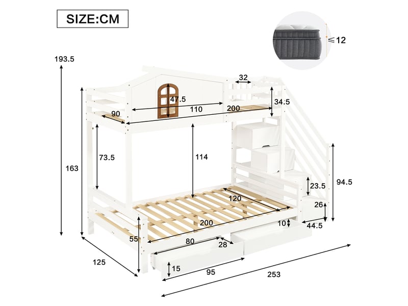 Lit superposé enfant 90x200 et 120x200 cm, 2 tiroirs, escalier, blanc et naturel - Conforama C