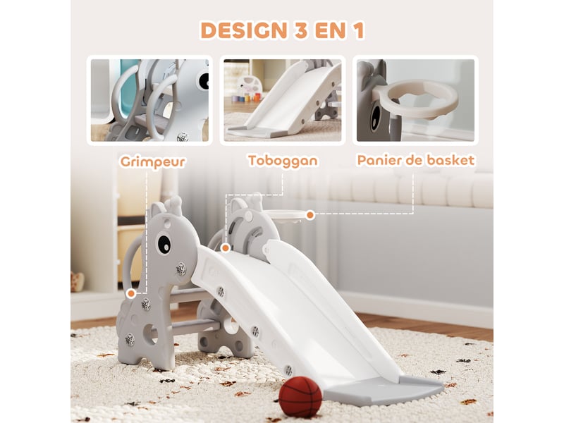 Toboggan pour enfants 3 en 1 en forme de girafe avec panier de basket, escalade et ballon, 106 x 51,5 x 52 cm, gris - Conforama D