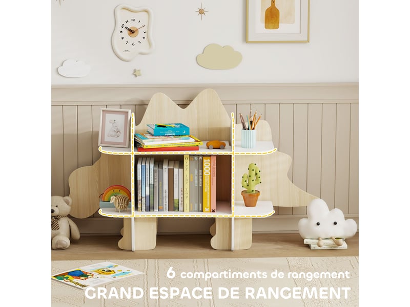 Bibliothèque enfant meuble de rangement pour jouets et livres 6 compartiments 120x28x72,2cm bois naturel  - Conforama E