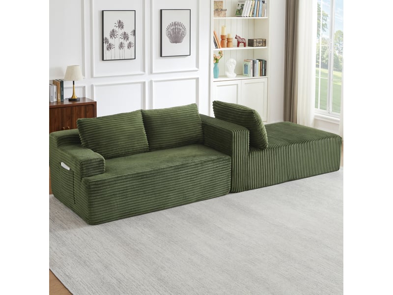  Canapé d'angle compressé en l 238x152x66 cm modulable 3 places, pour salon, pratique, mousse et velours côtelé, vert  - Conforama E