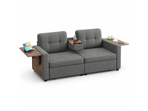 Canapé 2 places 178 x 71 x 57,5 cm, assise réglable, 2 rangements, tablette rabattable pour ordinateur, porte-gobelets, chenille, gris foncé