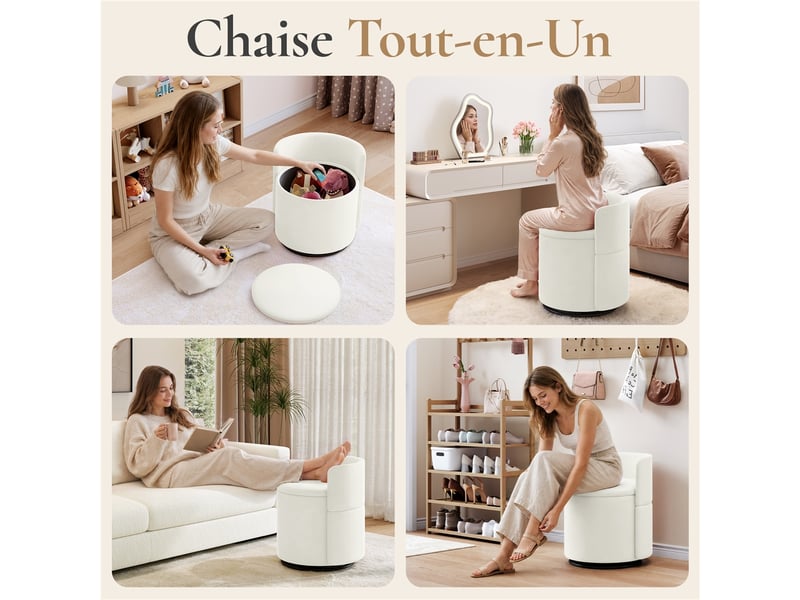Chaise tabouret de coiffeuse pivotant à 360° en velours avec coffre de 40 l et dossier ergonomique 594025 White - Conforama W