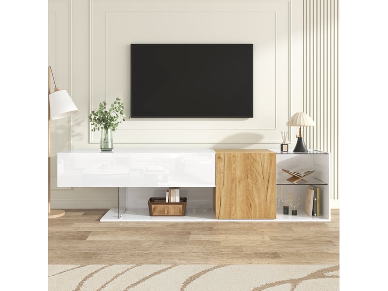  Meuble tv 180 x 38 x 48 cm – blanc et bois naturel – rangement avec portes et étagères en verre  - Conforama D