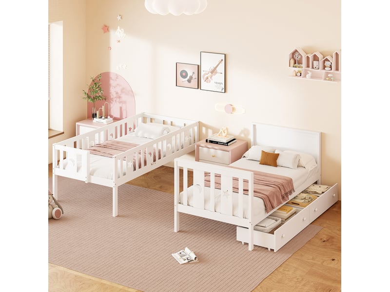 Lit superposé enfant 2x90x200 cm avec escalier de rangement et 2 tiroirs, blanc - Conforama D