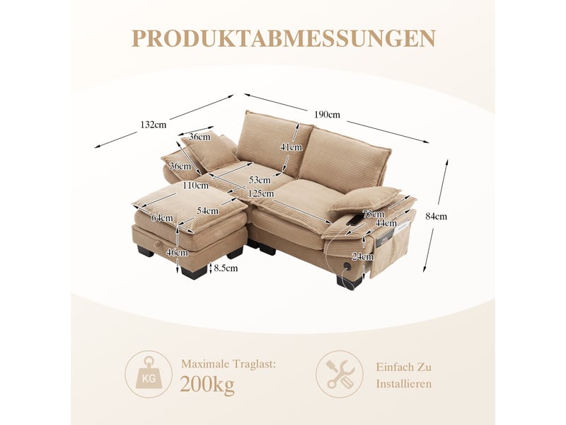  Canapé 2 places modulable en velours côtelé kaki avec pouf de rangement et usb-c  - Conforama C