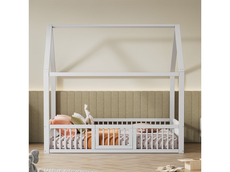 Lit cabane 140x200 en bois massif avec porte et barrière de sécurité, lit double pour enfant blanc, design créatif et robuste. - Conforama D