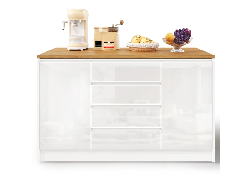  Îlot de cuisine 140x80x90 cm avec plateau rabattable, 4 tiroirs et 2 placards, blanc  - Conforama A