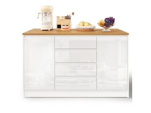 Îlot de cuisine 140x80x90 cm avec plateau rabattable, 4 tiroirs et 2 placards, blanc