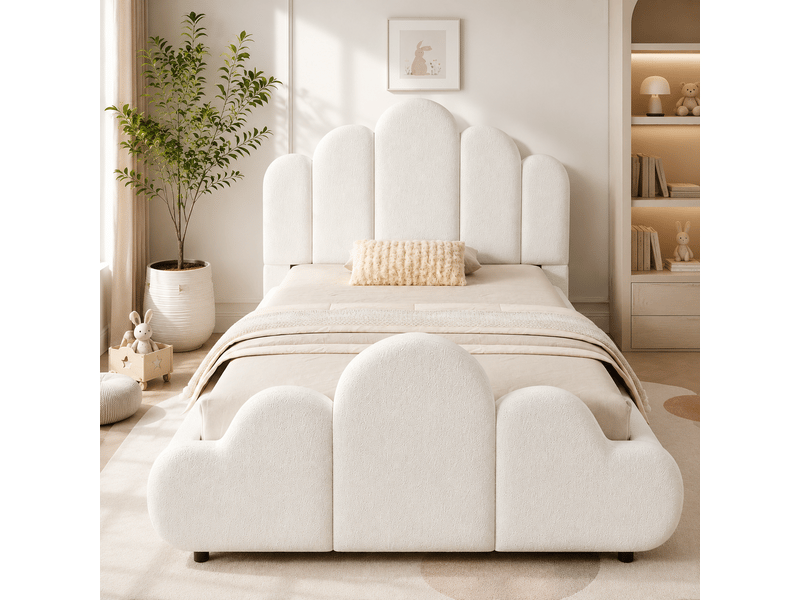  Lit enfant 90x200 cm beige bouclette avec tête de lit capitonnée coins arrondis et sommier inclus Sol Morn - Conforama E