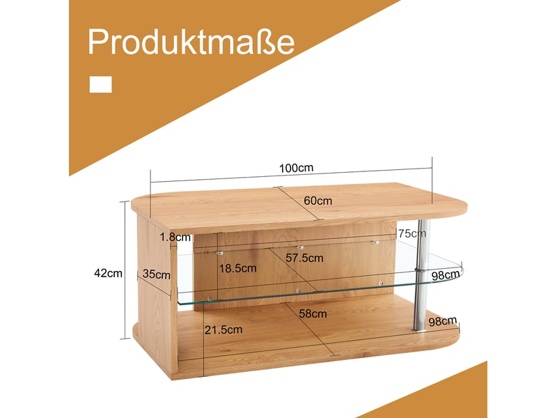  Table basse 100x60x42 cm avec étagère en verre et rangement en mdf coloris naturel  - Conforama E