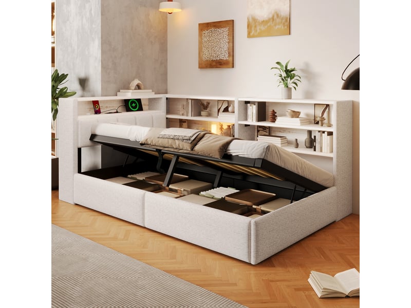  Canapé-lit coffre 90 x 200 cm - avec prise électrique - avec port usb + bande lumineuse led - tissu velours - blanc (matelas non inclus)  - Conforama D