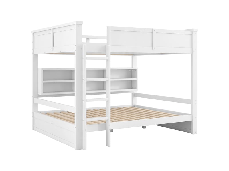 Lit superposé 160x200 cm, lit double adulte et enfant gain de place avec armoires de rangement et éclairage led, blanc - Conforama A