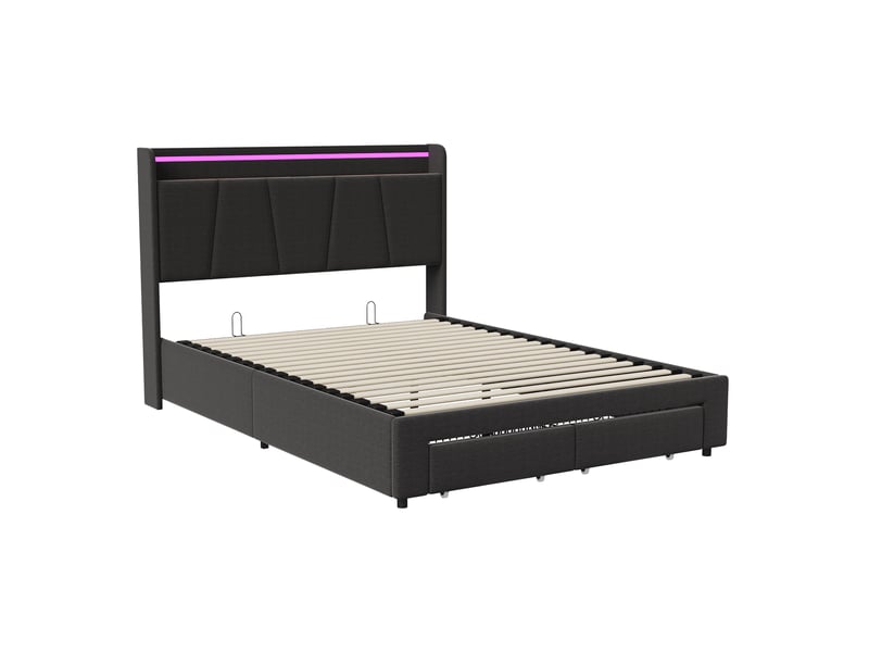 Lit coffre hydraulique 140x200, tête de lit rangement, 2 tiroirs pied de lit, port usb et led rgb, tissu lin gris foncé - Conforama A