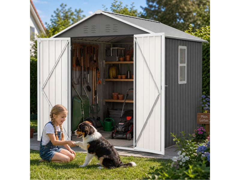 Abri de jardin en métal 184,8 x 182 x 191,1 cm, rangement extérieur avec fenêtre, double porte verrouillable, aérations et base, gris Luxe haut de gamme - Conforama D