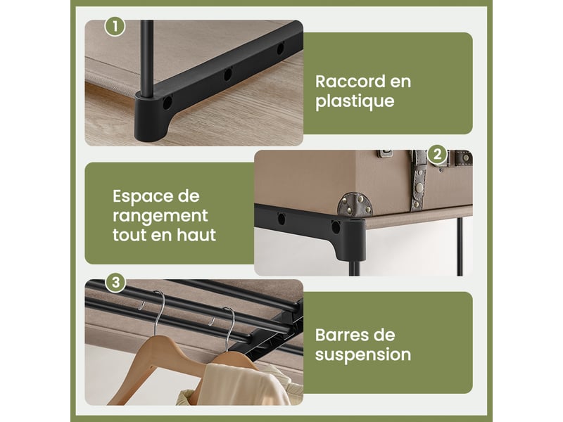  Armoire, penderie, portant à vêtements avec étagères, tringles suspendues, organisateur de rangement, pour vestiaire, chambre, 138 x 43 x 182 cm, taupe  - Conforama E